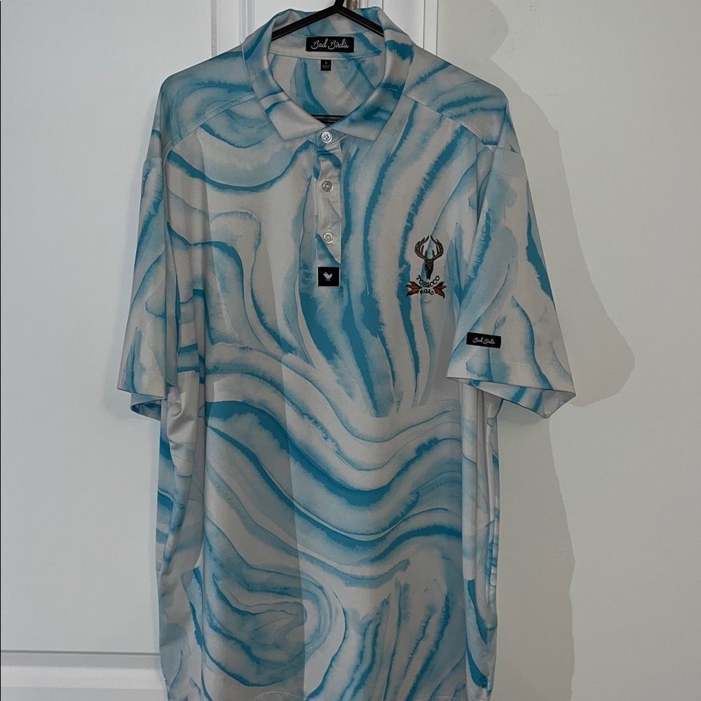 Blue Green Swirl Bad Birdie Swept Tobacco Road Pinehurst Area Golf polo shirt L